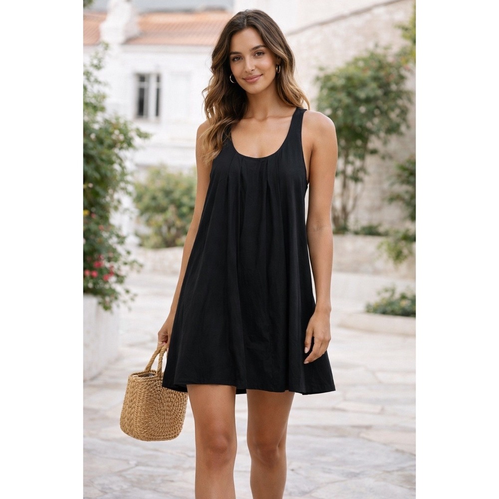 Eileen Fisher Black 100% Silk Pleated Sleeveless Mini Tank Dress Womens M